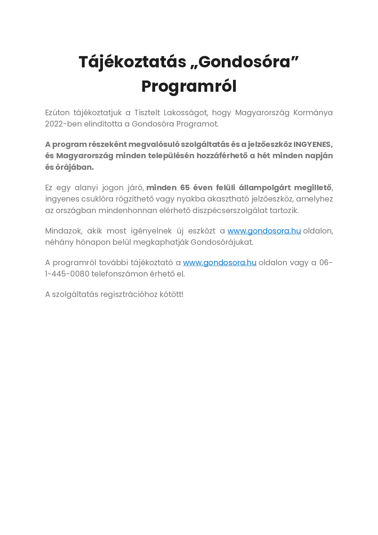 Tájékoztatás „Gondosóra” Programról